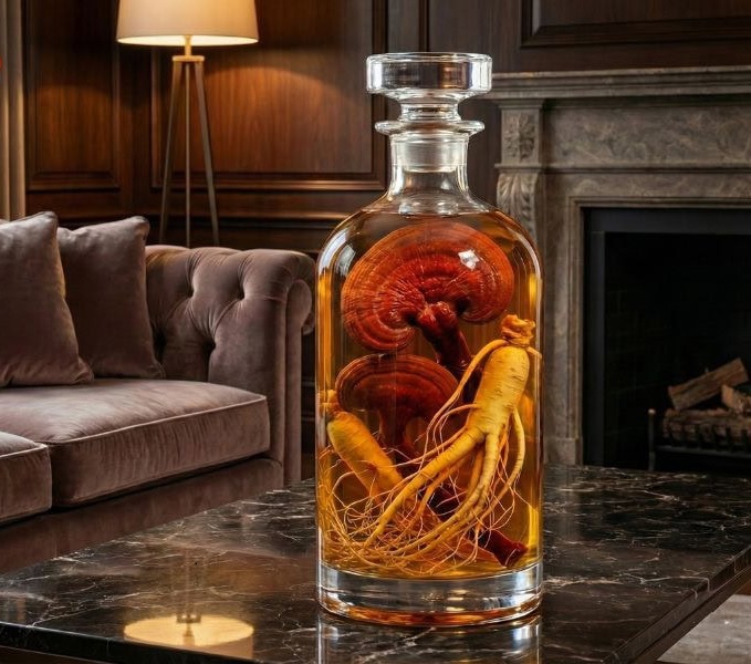 bình rượu nấm linh chi ngâm sâm còn được xem là vật phẩm phong thủy mang nhiều ý nghĩa tốt lành